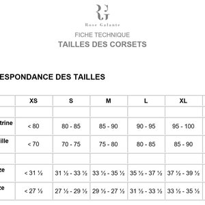 Puede incluir: Una tabla blanca con texto negro que detalla las tallas de cors&eacute;s. La tabla incluye medidas de pecho y cintura en cent&iacute;metros y pulgadas, con tallas que van de la XS a la 2XL. El logotipo de la marca est&aacute; en la parte superior.