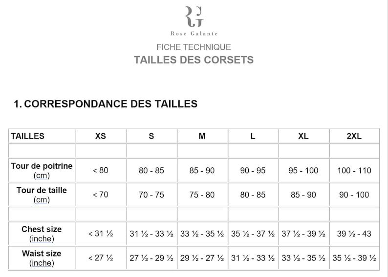 Puede incluir: Una tabla blanca con texto negro que detalla las tallas de cors&eacute;s. La tabla incluye medidas de pecho y cintura en cent&iacute;metros y pulgadas, con tallas que van de la XS a la 2XL. El logotipo de la marca est&aacute; en la parte superior.