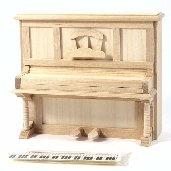 Piano vertical de madera desnuda para casa de muñecas a escala 12