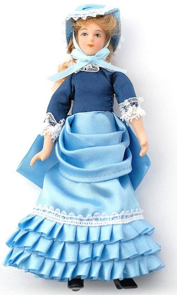 Estella con vestido azul claro muñeca poseable de porcelana para casa de muñecas a escala 12