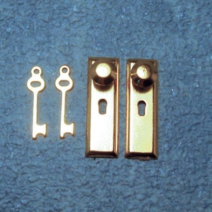 May include: Two gold-coloured metal keys with circular heads and two matching rectangular door plates, each featuring a central round knob and a vertical keyhole cutout. The hardware components are arranged side-by-side on a textured blue surface.