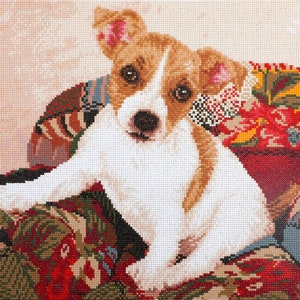 May include: A white and brown puppy with floppy ears sits on a colorful patterned couch. The puppy is looking directly at the camera.