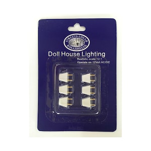 May include: A pack of white dollhouse lighting fixtures with gold accents. The packaging is blue and white and says "Streets Ahead Dollhouse" and "Doll House Lighting". The text also says "Realistic scale 12:1" and "Operate on 12Volt AC/DC".