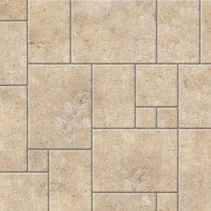 May include: A modular flooring pattern composed of rectangular and square tiles in a light beige, sandy tan color. The tiles feature a natural, mottled stone texture with subtle variations in tone, arranged in a repeating grid layout.