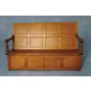 May include: A wooden bench with a storage compartment underneath. The bench has a high back with a paneled design and armrests.