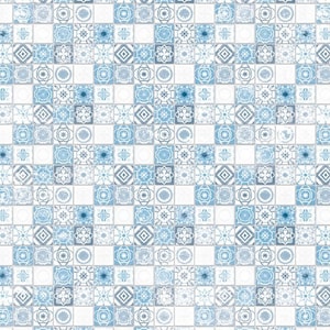 May include: A seamless pattern of blue and white tiles with intricate geometric designs. The tiles are arranged in a grid pattern, creating a repeating motif.