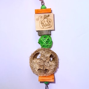 May include: A Halloween-themed bird toy with a wooden pumpkin block, a green woven ball, and a natural sisal chew toy.
