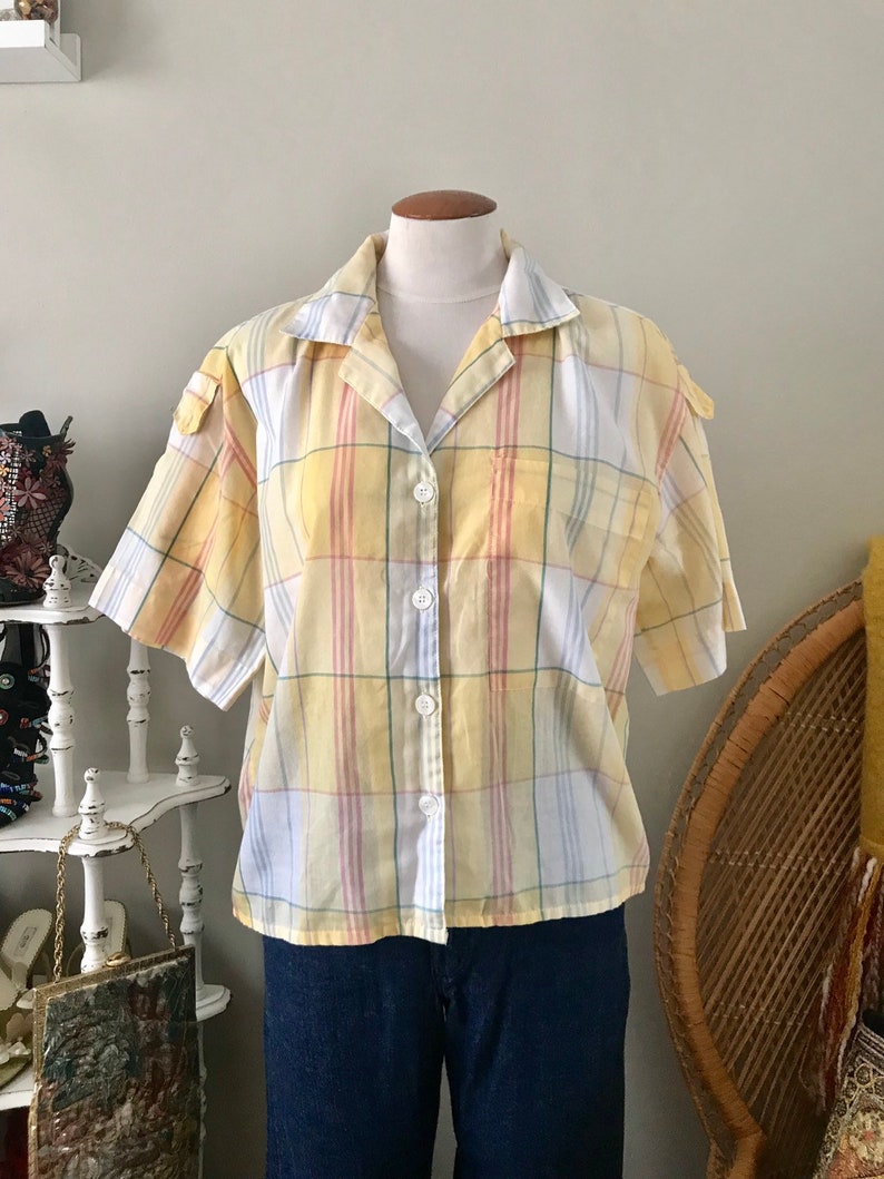 vintage dvf diane vonfurstenburg short sleeve yellow plaid cotton blouse size medium