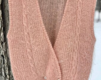 vintage salmon pink mohair vest with pearl buttons, 80's vest