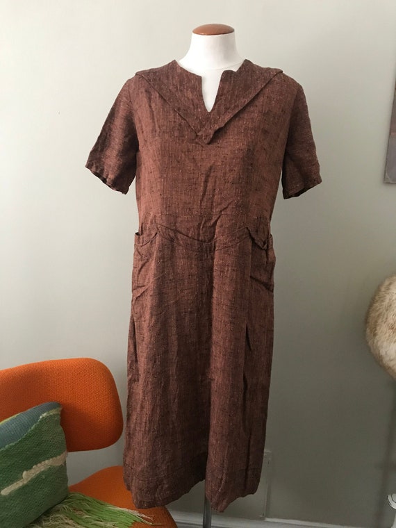 vintage brown linen aldens 50's dress