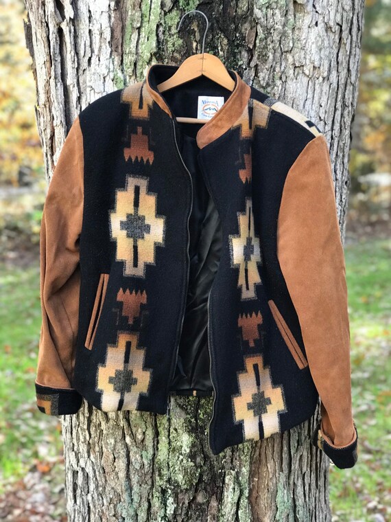 aztec patterned wool western jacket with leather trim. size Etsy