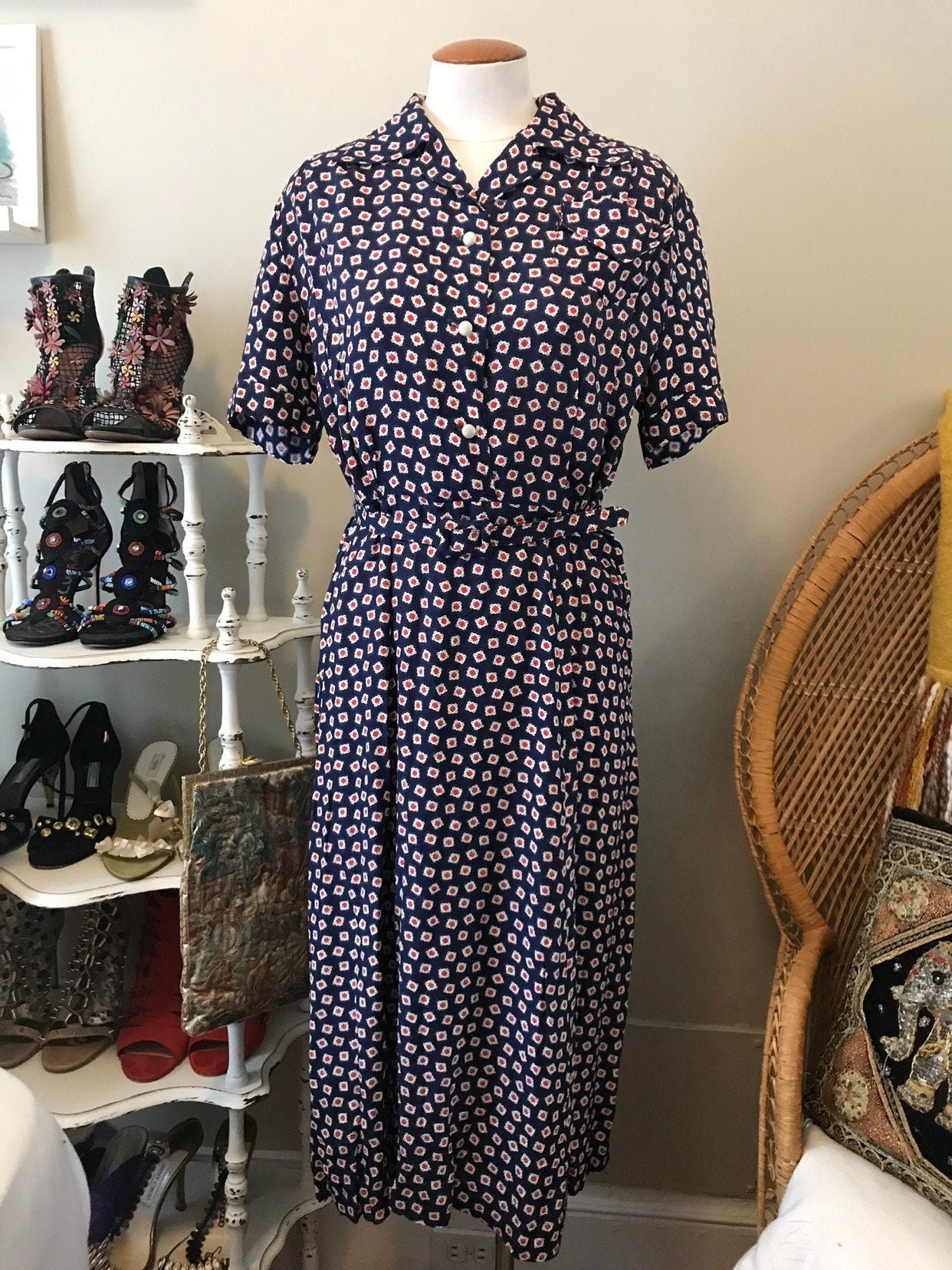 vintage 1950's anne yarson navy patterned short sleeve silk dress with ...