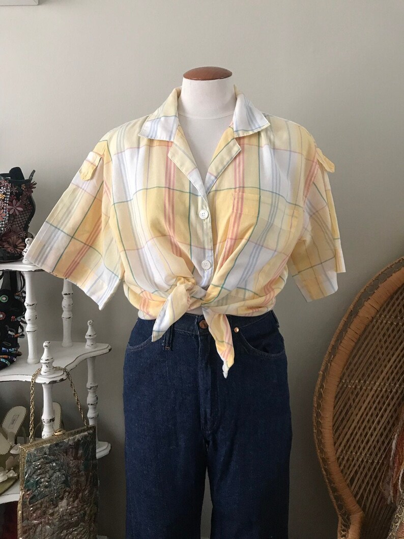 vintage dvf diane vonfurstenburg short sleeve yellow plaid cotton blouse size medium