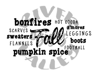 Fall Collage;football;hot cocoa;sweaters;leggings;boots;pumpkin spice;bonfires;s'mores;flannels; png, svg, jpg, pdf, instant download