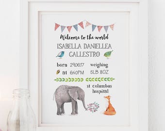 Personalised Newborn Baby A4 Print (Elephant and Fox)