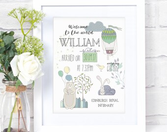 Balloon & Bear Newborn A4 Baby Personalised Print