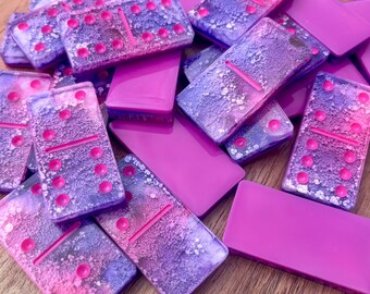 Resin Domino Set - “Neptune’s Daydream” - Handmade Pink & Purple Dominoes with Ocean-Inspired Swirl