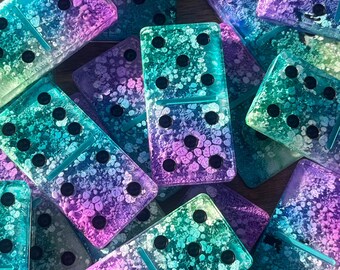 Aurora Drift Resin Domino Set – Handmade Dominoes in Teal, Violet & Ocean-Inspired Swirls