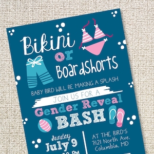 Gender Reveal Printable Invitation, Bikini or Boardshorts, Summer Gender Reveal, Personalized Invitation