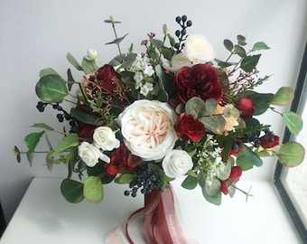 Silk bouquet artificial bouquet wedding burgundy red bouquet velvet red bouquet champagne bouquet wedding flower