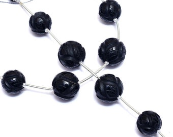 AAA+ zwarte onyx 12 mm-14 mm edelsteen snijwerk matkralen | 4 kralenstreng | Zwarte onyx halfedelsteen gesneden ronde kralen voor sieraden