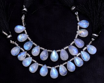 White Rainbow Blue Fire Moonstone 8x12mm Pear Cabochon Smooth Beads | Natural Moonstone Gemstone Side Drill Flat Back Cabochon | 4&quot; Strand