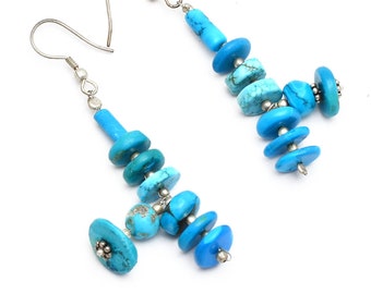 Pendientes colgantes de turquesa azul rara / Pendientes de plata de ley con turquesa americana natural / Par de pendientes de turquesa - Plata 925