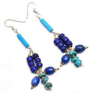 Raros pendientes de diseño de color turquesa-lapislázuli colgante / turquesa / pendientes de plata de ley de lapislázuli / pendientes de piedras preciosas - Sterling 925 Silver