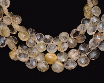 Natural Gold Rutilated Quartz 8mm-10mm Heart Faceted Briolette Beads | 8" Strand | Golden Rutile Semi Precious Gemstone Beads for Jewelry