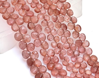 AAA+ Natural Strawberry Quartz 6mm-10mm Smooth Heart Briolette Beads | 8" Strand | Pink Strawberry Quartz Semi Precious Gemstone Loose Beads