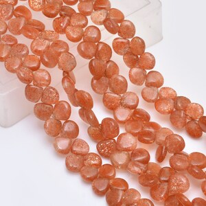 AAA+ Sunstone 8mm-10mm Smooth Heart Briolette Beads | 8inch Strand | Natural Sunstone Fire Semi Precious Gemstone Loose Beads for Jewelry