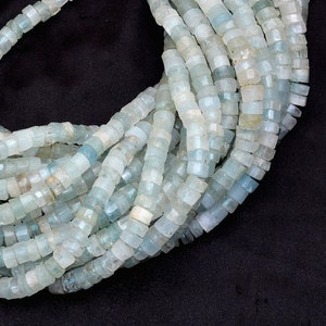 Natural Aquamarine 6mm-8mm Heishi Faceted Beads | 13inch Strand | Aquamarine Semi Precious Gemstone Loose Coin / Disc / Spacer Beads