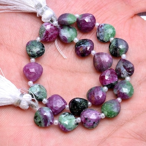 AAA+ Rare Ruby Zoisite 8mm Faceted Heart Briolette Fancy Beads | Natural Ruby Zoisite Semiprecious Gemstone Loose Heart Beads | 7inch Strand
