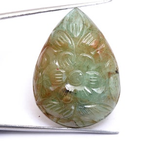 Emerald Gemstone Carving Loose Cabochon | Rare Emerald Pear Fancy Cabochon | Natural Precious Gemstone Floral Carving Pear Flat Back Cab