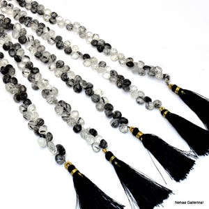 Rutilated Quartz 6mm Faceted Heart Briolette Beads | 8inch Strand | Natural AAA+ Black Rutile Semi Precious Gemstone Briolette Beads