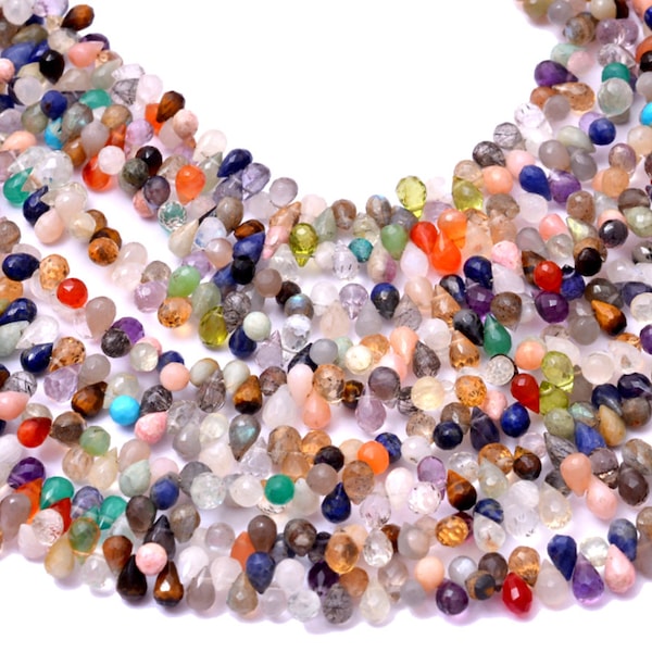 AAA+ Multi Gemstone 6x4mm Faceted Teardrop Briolette Beads | Natural Semi Precious Gemstone Mix Loose Drops for Jewelry Making | 8" Strand