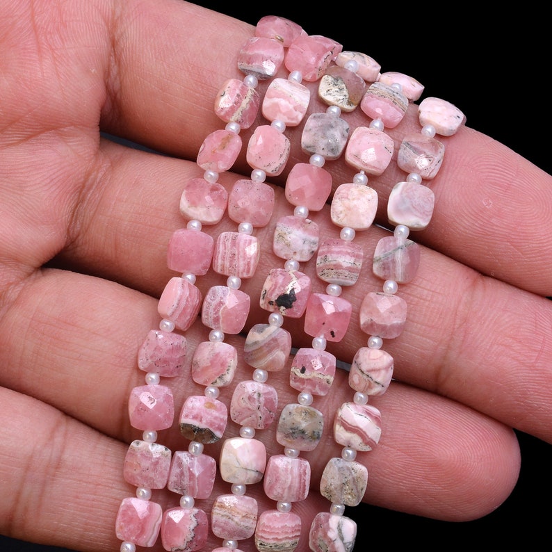 Natural Rhodocrosite Semi Precious Gemstone Straight Drill Fancy Beads 7 Strand AAA Rhodochrosite 6mm Faceted Square Briolette Beads
