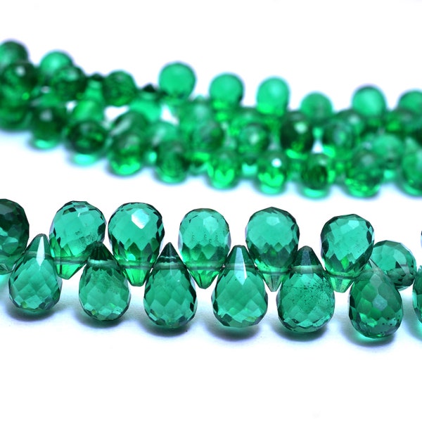 Emerald Gemstone Quartz Faceted Teardrop Briolettes | 7inch Strand | AAA Emerald Hydro Quartz Gemstone 6x4mm / 7x5mm Drops Beads for Jewelry