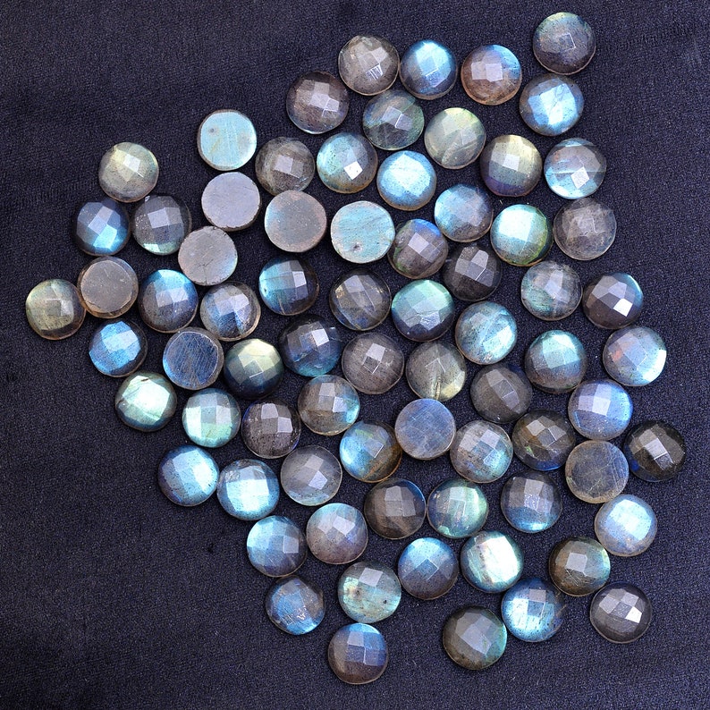 Natural Blue Fire AAA Labradorite Semi Precious Loose Gemstone Cabochons Lot Labradorite Moonstone Gemstone 9mm Round Faceted Cabochon