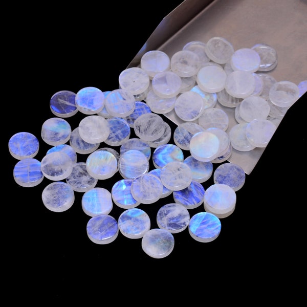 Blue Fire Moonstone Coins | Natural White Rainbow Moonstone Loose Semi Precious Gemstone | 11x3mm Moonstone Gemstone Round Coins / Discs