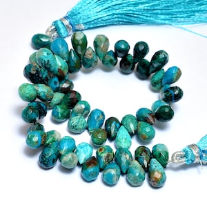 Chrysocolla Gemstone 5x8mm-6x9mm Teardrop Briolette Faceted Beads | Natural Chrysocolla Semi Precious Gemstone Drops for Jewelry | 8&quot; Strand