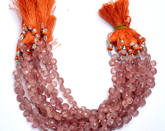 Natural Strawberry Quartz Gemstone 6mm-7mm Faceted Heart Briolette Beads | 8" Strand | Rare Strawberry Quartz Semi Precious Gemstone Beads