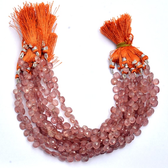 Natural Strawberry Quartz Gemstone 6mm-7mm Faceted Heart Briolette Beads | 8" Strand | Rare Strawberry Quartz Semi Precious Gemstone Beads