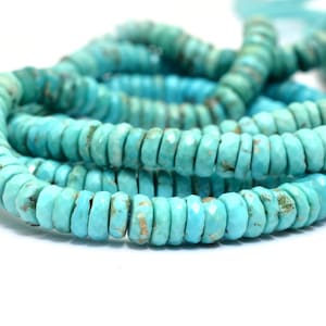 Natural Turquoise 6mm Faceted Heishi Beads | 14inch Strand | Arizona Shaded Turquoise Semi Precious Gemstone Disc | Turquoise Tyre Rondelles