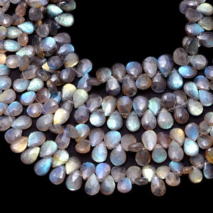 AAA+ Labradorite 9mm-11mm Faceted Pear Briolette Beads | Natural High Quality Labradorite  Fire Semi Precious Gemstone Beads | 8inch Strand