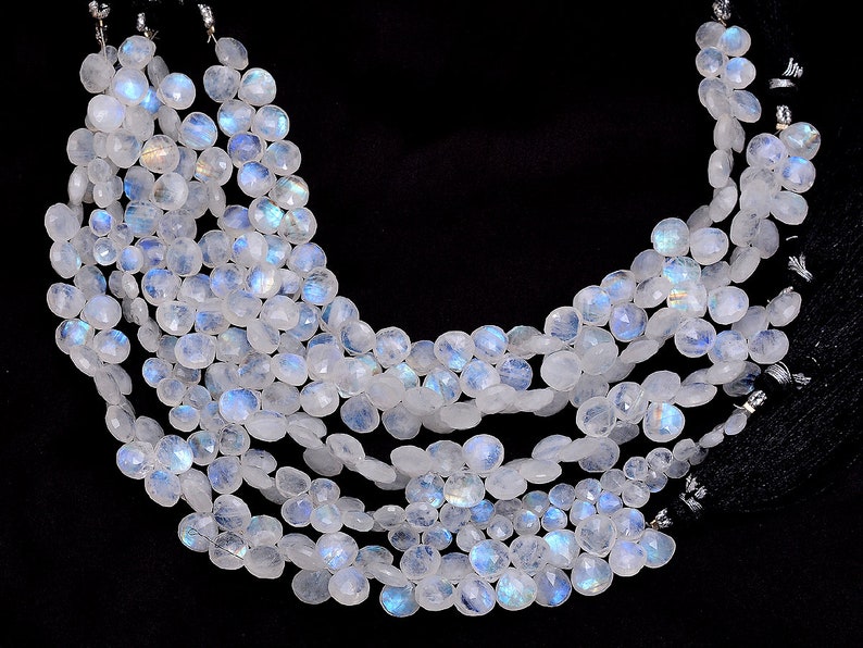 8 Strand Natural Blue Fire Moonstone Semi Precious Gemstone Loose Briolette Beads AAA White Rainbow Moonstone 7mm-8mm Heart Briolette