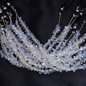 AAA White Rainbow Moonstone Teardrop Briolette | 6inch Strand 3x5mm Faceted Drops | Natural Blue Fire Semi Precious Gemstone Briolette Beads