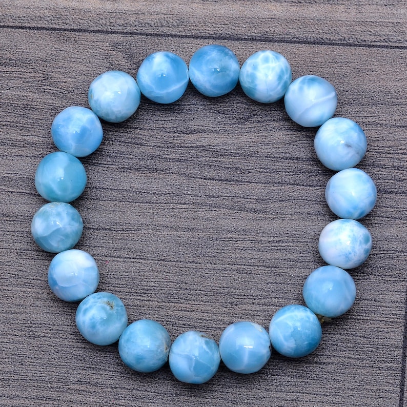 Larimar Gemstone Jewelry 141Carats AAA+ Larimar Gemstone 10mm Smooth Round Bracelet Natural High Quality Larimar Bracelet 7inch Long