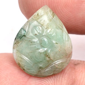 Natural Emerald Gemstone Hand Carving Cabochon | Emerald Pear Cabochon | Rare Precious Loose Gemstone Floral Carved Pear Cabochon