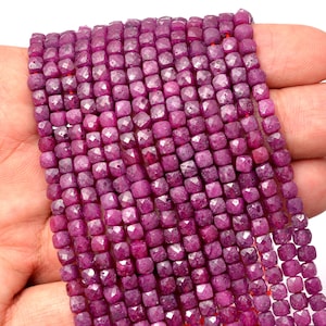 Natural AAA+ Burma Ruby 4mm Faceted Cube Beads | Rare Ruby Precious Gemstone Loose 3D Box Beads for Jewelry Making Supplies | 13inch Strand